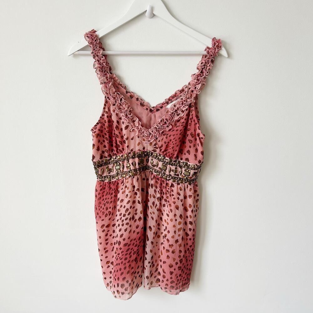 Vintage Boston Proper Blouse Size M NEW Leopard Jeweled Y2K Ruffle Babydoll Tank
